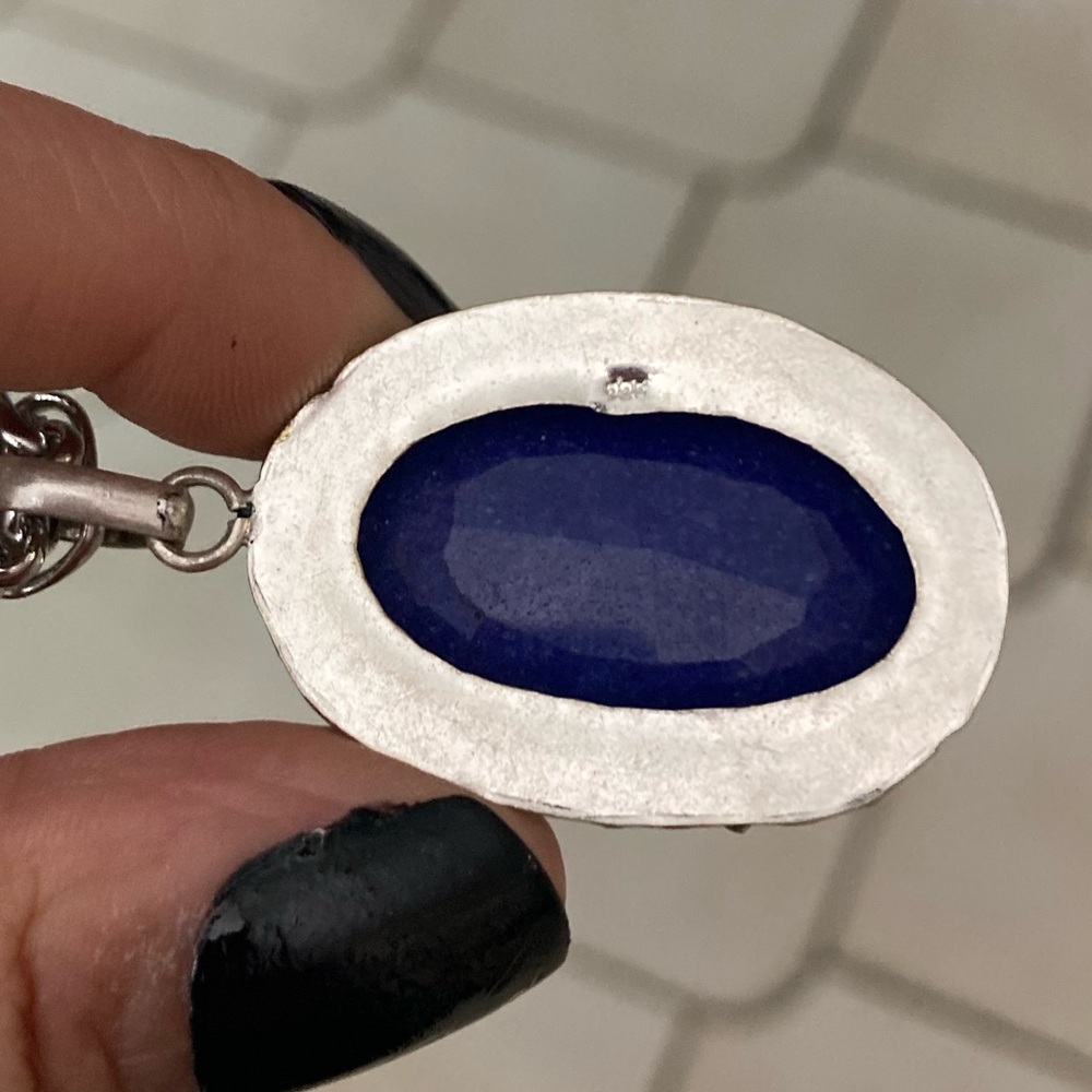 Genuine dark blue lapis lazuli oval gemstone boho charm silver necklace - Picture 5 of 13